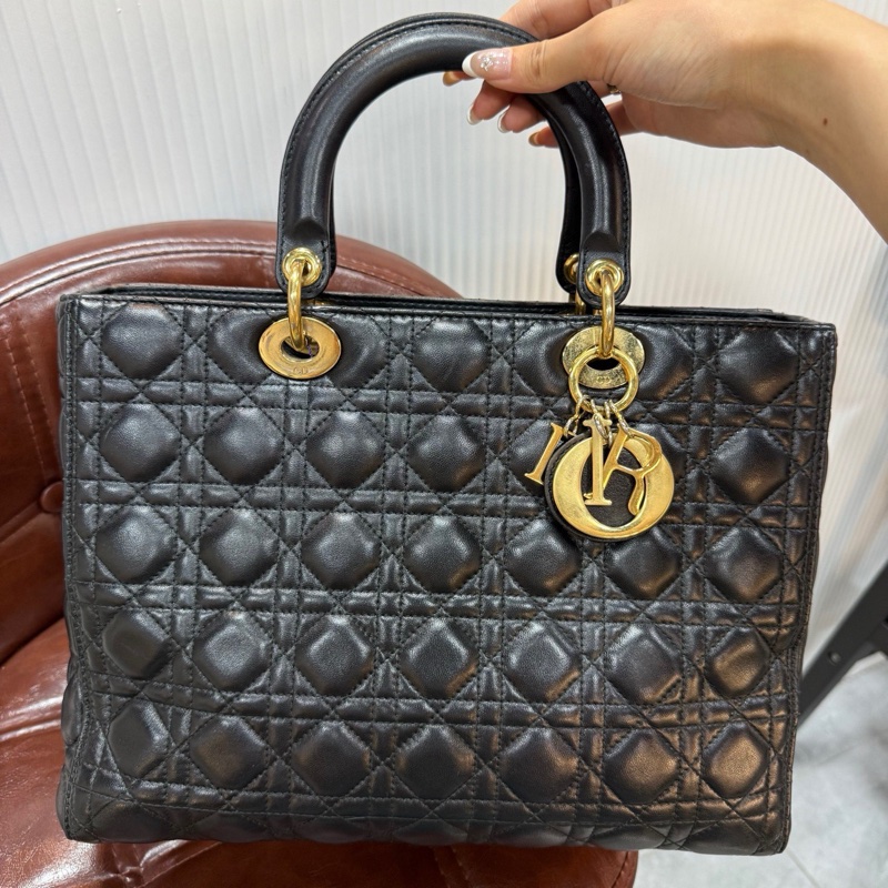 Dior 迪奧 Lady 七格戴妃 有長肩帶 黑金羊皮-4
