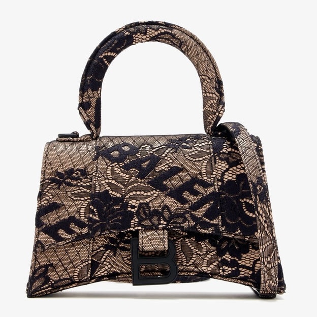 全配 台灣購入Balenciaga（巴黎世家）Hourglass XS（沙漏包）黑裸雙色刺繡蕾絲款-0