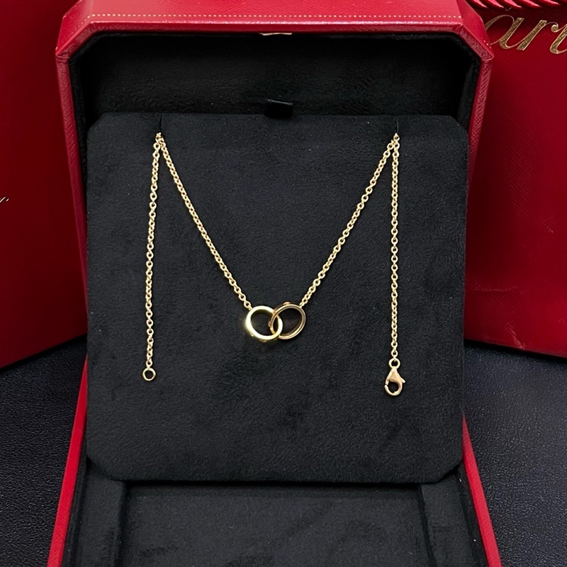 98新Cartier卡地亞Love系列 18K玫瑰金雙環無鑽項鍊-0