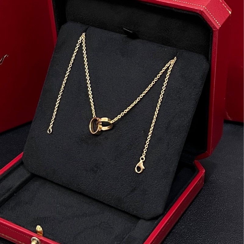 98新Cartier卡地亞Love系列 18K玫瑰金雙環無鑽項鍊-2