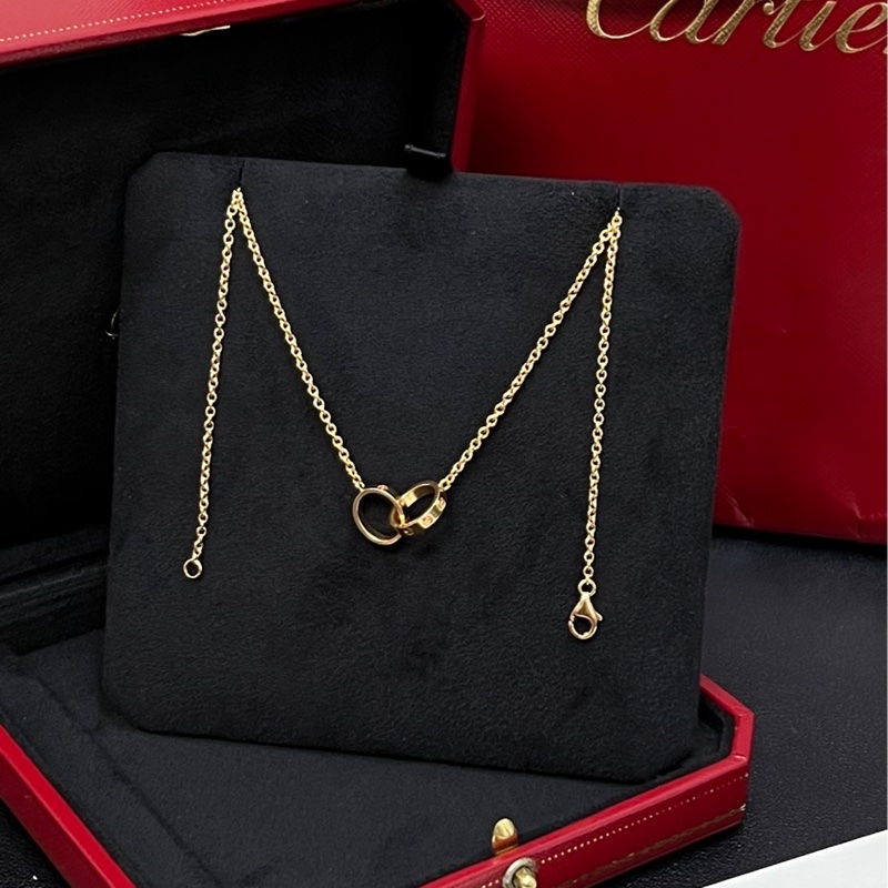 98新Cartier卡地亞Love系列 18K玫瑰金雙環無鑽項鍊-3