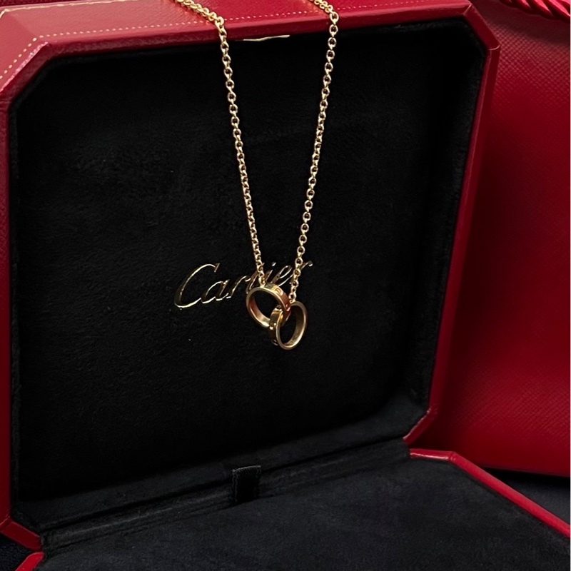98新Cartier卡地亞Love系列 18K玫瑰金雙環無鑽項鍊-5