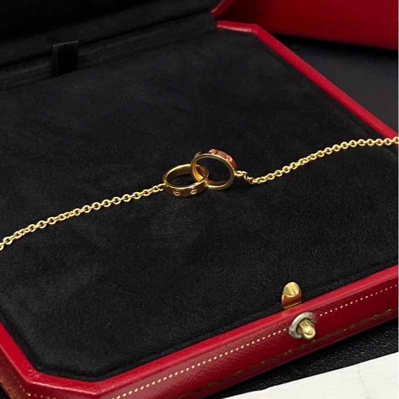 98新Cartier卡地亞Love系列 18K玫瑰金雙環無鑽項鍊-6