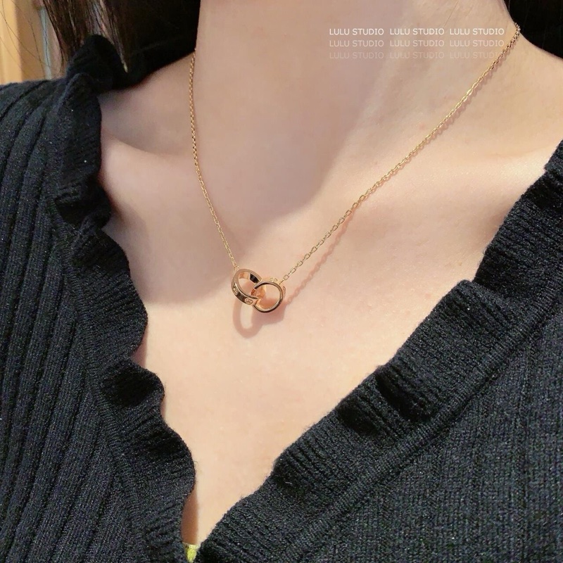 98新Cartier卡地亞Love系列 18K玫瑰金雙環無鑽項鍊-7