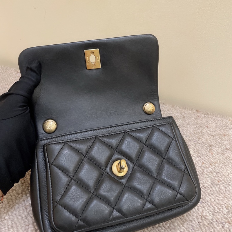 Chanel 黑金牛皮口蓋包可斜挎手提肩背 鐳射碼29開-11