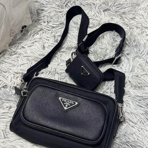 Prada 側背包BANDOLIERA IN TESSUTO+PELLE TESSUTO+SAFFIANO NERO TU