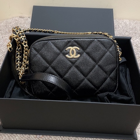 Chanel 黑金荔枝紋牛皮 22p相機包 芯片 可單肩斜挎手提