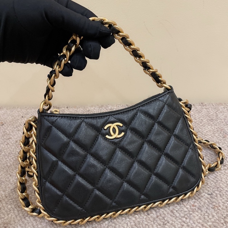 Chanel 香奈兒 23b 黑金小號雙鏈條hobo 芯片款 可手提斜挎肩背-0