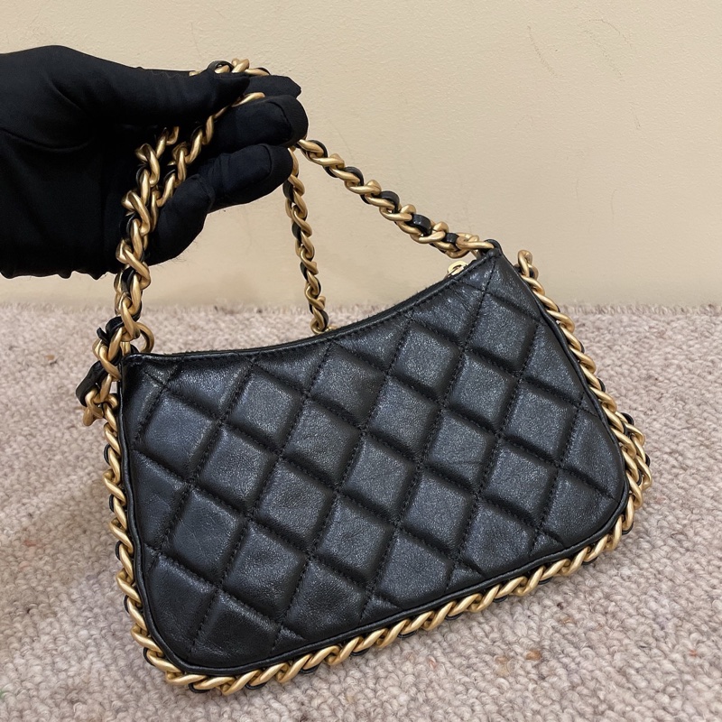 Chanel 香奈兒 23b 黑金小號雙鏈條hobo 芯片款 可手提斜挎肩背-9