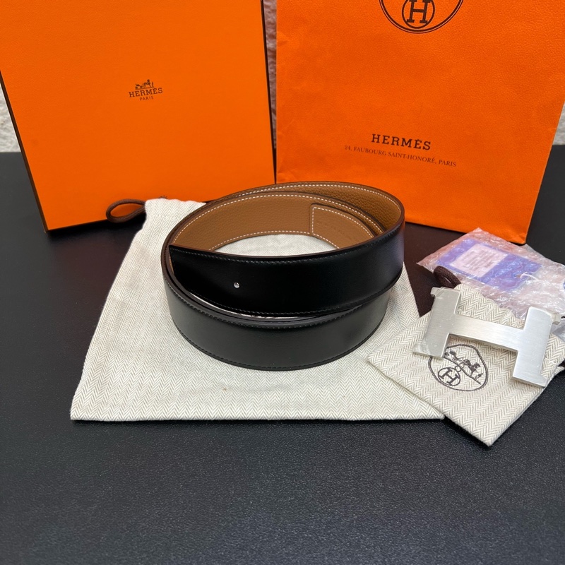 全新HERMES愛馬仕經典磨砂H銀扣Togo小牛皮雙面皮帶-1