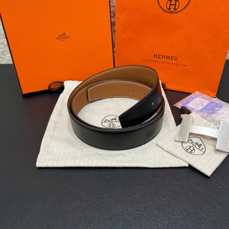 全新HERMES愛馬仕經典磨砂H銀扣Togo小牛皮雙面皮帶-2