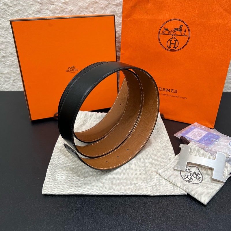 全新HERMES愛馬仕經典磨砂H銀扣Togo小牛皮雙面皮帶-6