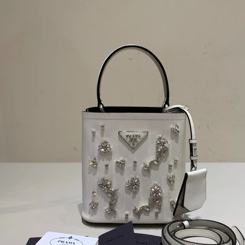 PRADA Panier水晶花卉水桶包 小號 牛皮 18×10.5×17cm 98新配件肩帶 保卡 塵袋-3