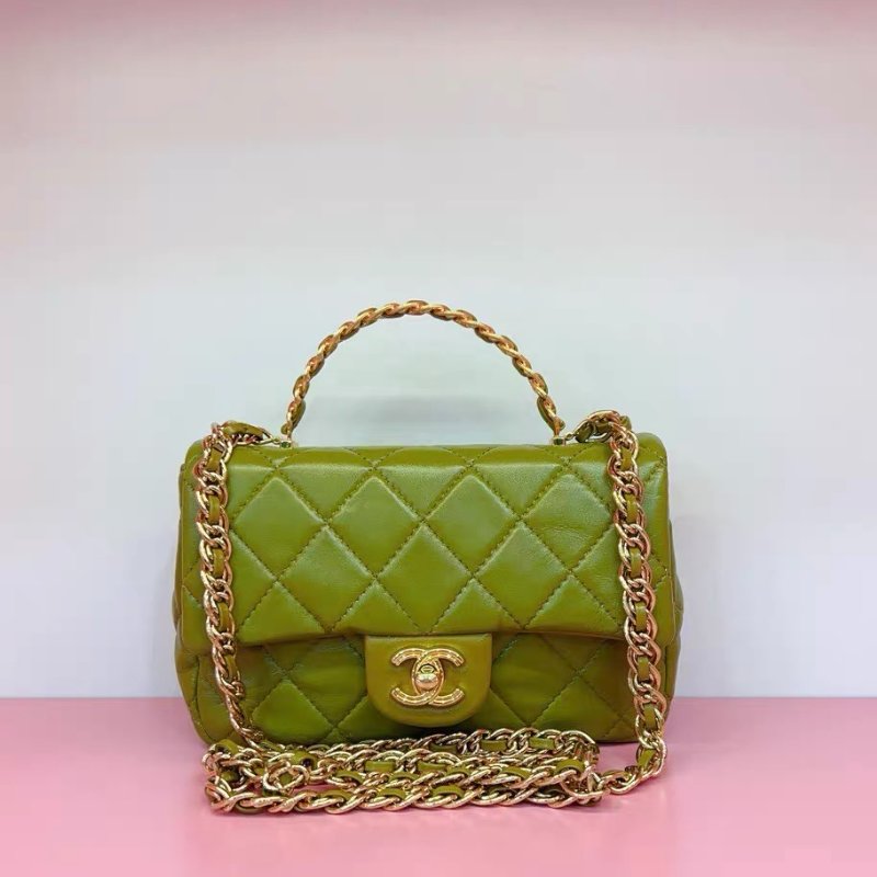 Chanel 23A 綠色油蠟皮金扣 CF大mini 手柄鏈條包 21*13*8 99新配件塵袋-1