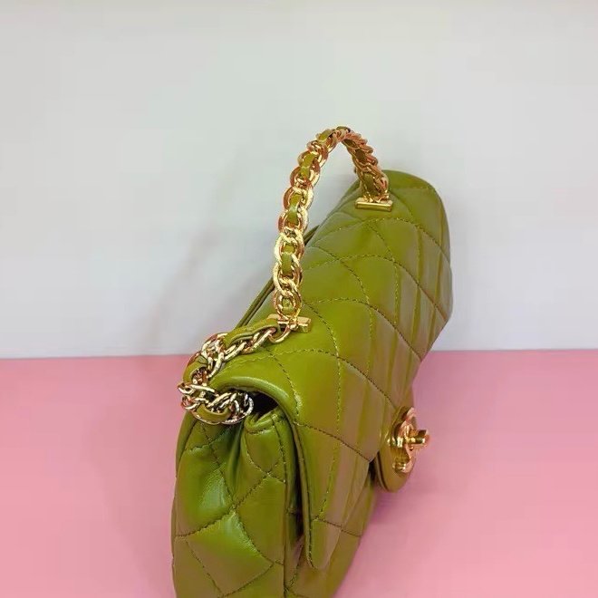 Chanel 23A 綠色油蠟皮金扣 CF大mini 手柄鏈條包 21*13*8 99新配件塵袋-2