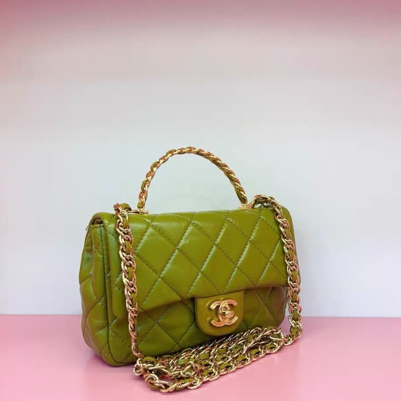 Chanel 23A 綠色油蠟皮金扣 CF大mini 手柄鏈條包 21*13*8 99新配件塵袋-3