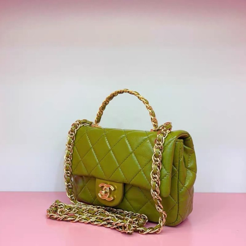 Chanel 23A 綠色油蠟皮金扣 CF大mini 手柄鏈條包 21*13*8 99新配件塵袋-4