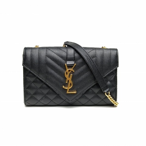 SAINT LAURENT Envelope絎縫紋理信封包WOC黑色牛皮金扣肩背包