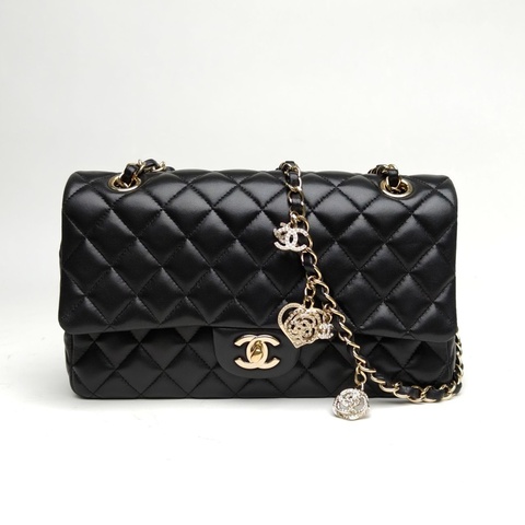 CHANEL CF口蓋包中號黑色羊皮19開金扣情人節系列肩背包