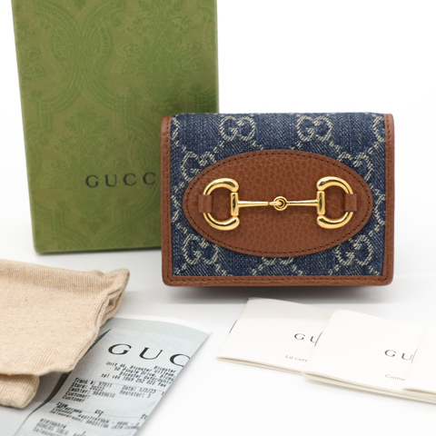 Gucci 古馳 GG馬銜扣 藍色 牛仔布 兩折 短夾