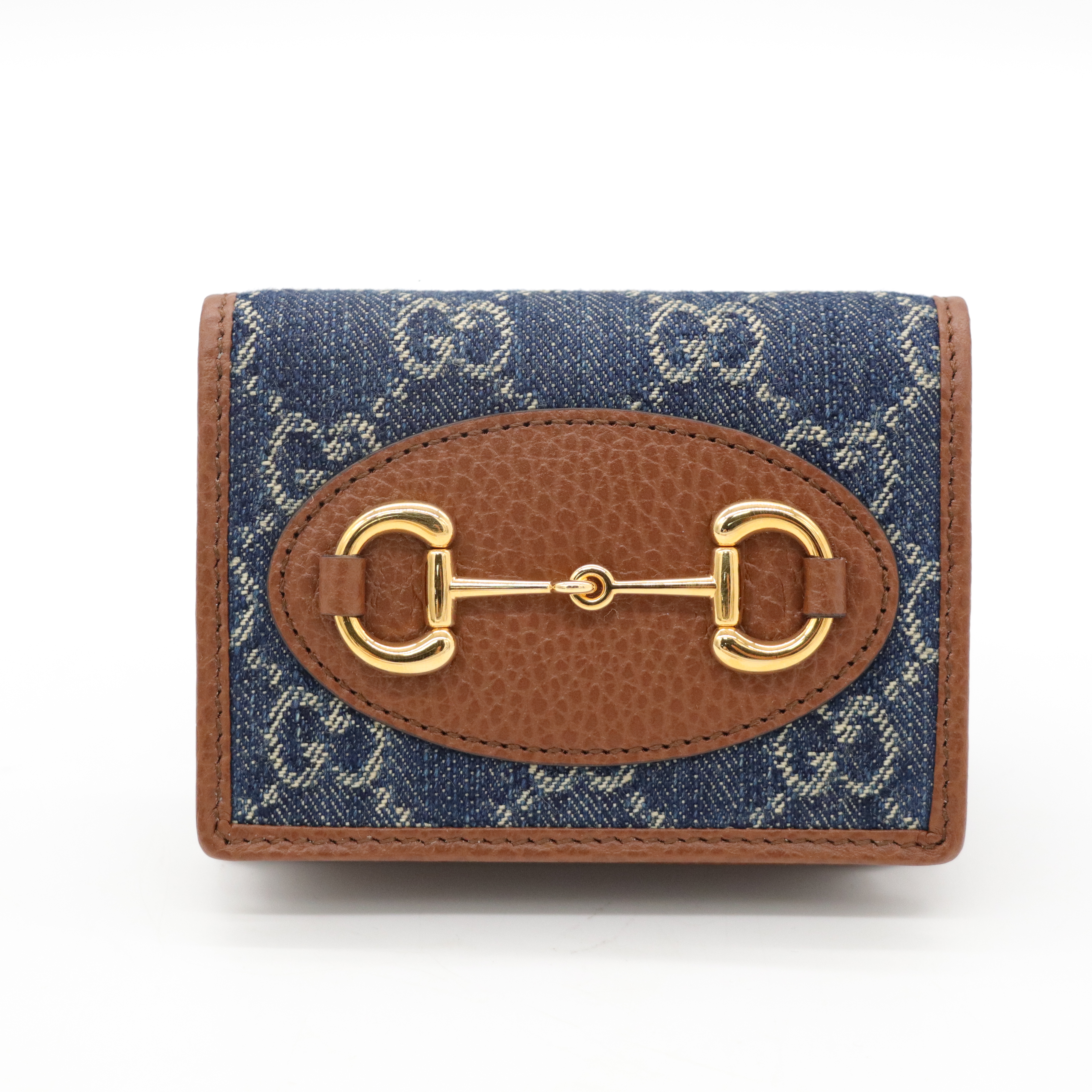 Gucci 古馳 GG馬銜扣 藍色 牛仔布 兩折 短夾-1