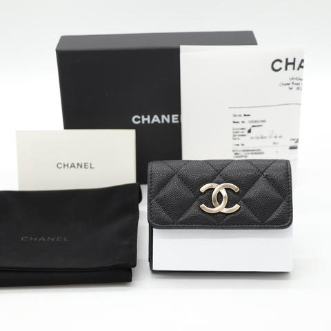 Chanel香奈兒 CC Logo 黑色荔枝 短夾