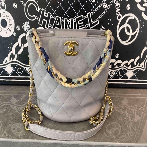 Chanel/香奈兒淺灰色菱格紋牛皮鏈條手提包手提斜挎兩用 無卡