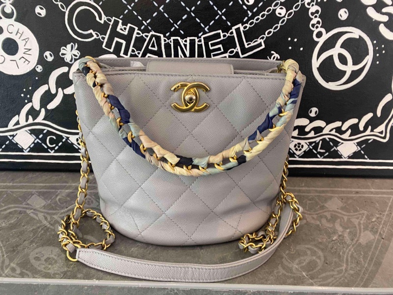 Chanel/香奈兒淺灰色菱格紋牛皮鏈條手提包手提斜挎兩用 無卡-0