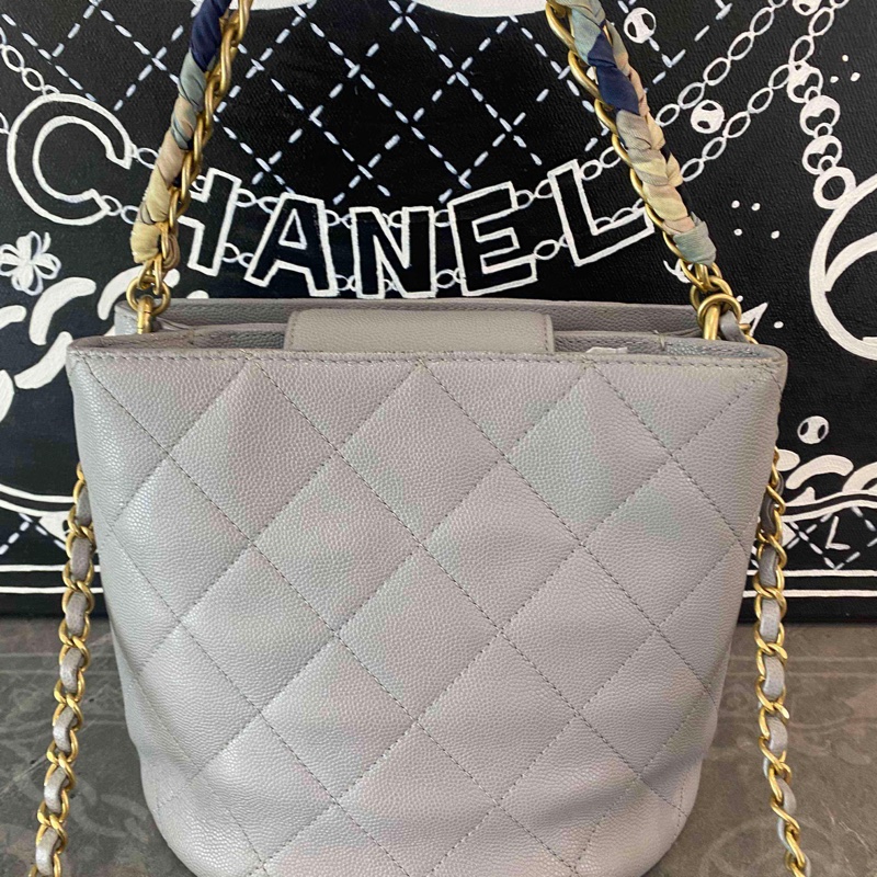 Chanel/香奈兒淺灰色菱格紋牛皮鏈條手提包手提斜挎兩用 無卡-1