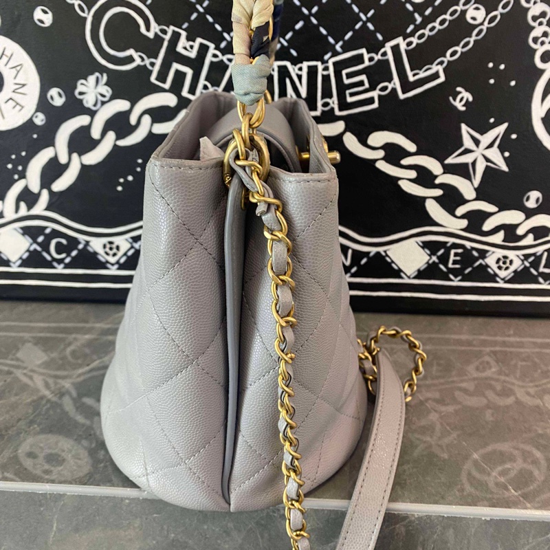 Chanel/香奈兒淺灰色菱格紋牛皮鏈條手提包手提斜挎兩用 無卡-3
