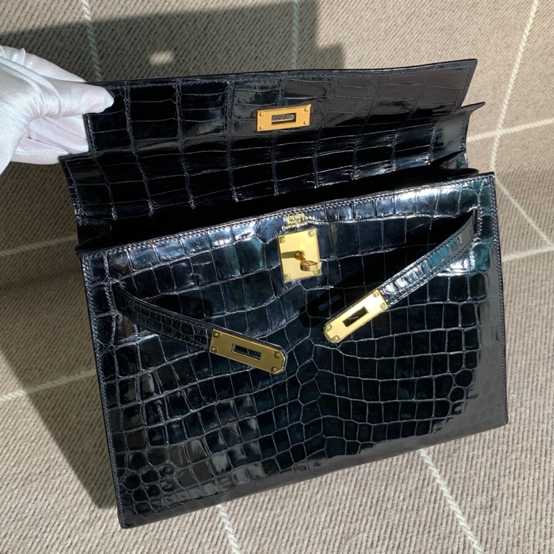 擱置品HERMES愛馬仕kelly32黑金 亮面鰐魚皮 T刻 單肩手提包👜-12