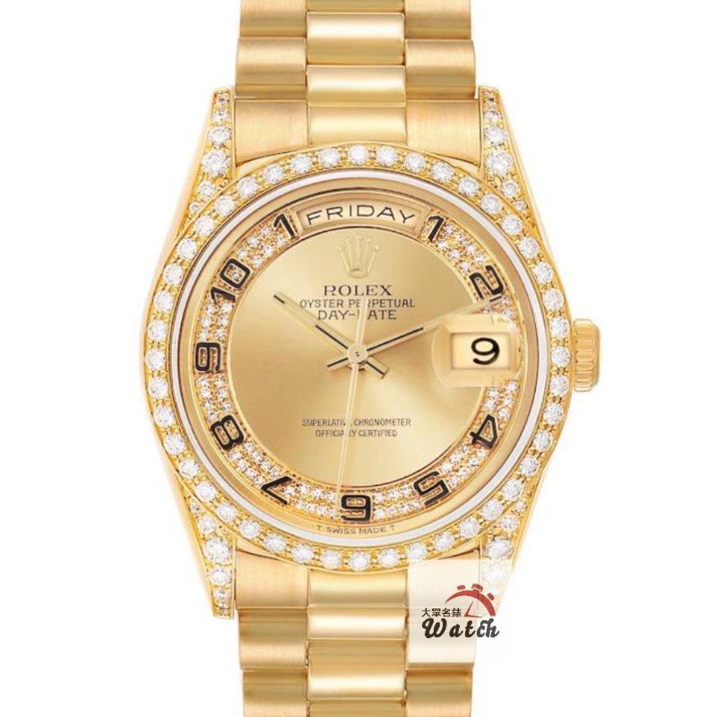 【大眾名錶】ROLEX 勞力士 18388 Day-Date 蠔式18K 市場少有 原廠鑽圈/鑽腳 大眾名錶B1352-0