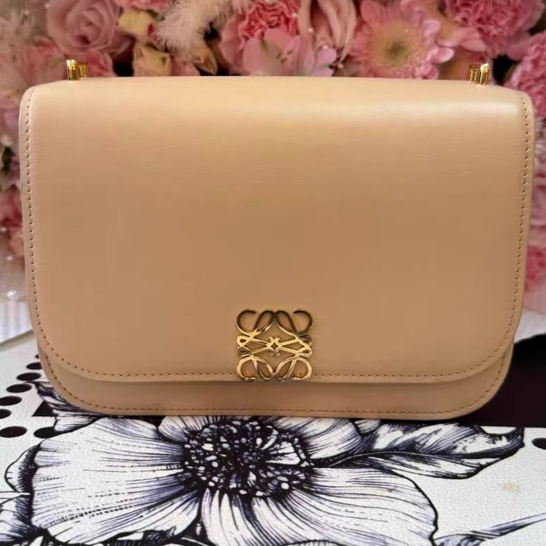 LOEWE 奶茶色金扣 細膩光面box皮 19x6x13.5cm 99新配件肩帶 塵袋-7