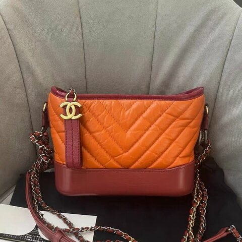 Chanel 橘色拼皮 V紋 流浪包 小號 鏈條包 肩背斜背包 20*17cm 98新配件塵袋 購證 保卡