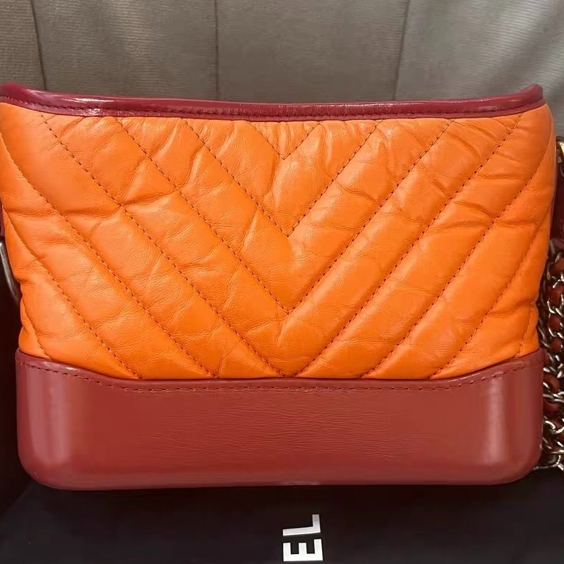 Chanel 橘色拼皮 V紋 流浪包 小號 鏈條包 肩背斜背包 20*17cm 98新配件塵袋 購證 保卡-6