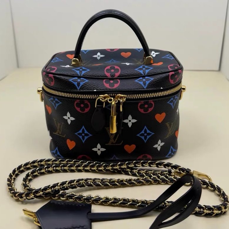 LV 黑三彩 老花化妝包 19*13cm 98新配件鑰匙鎖 塵袋-0