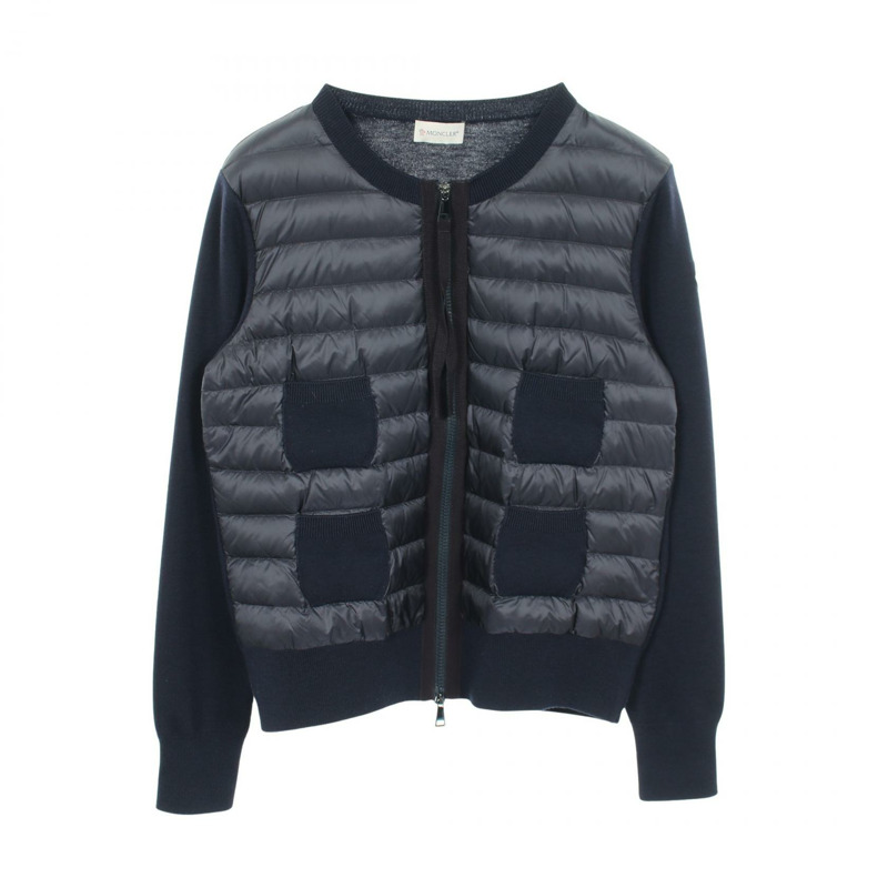 MONCLER 開襟羊毛拼接羽絨外套，海軍藍，二手女款V碼-0