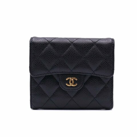 CHANEL 經典口蓋三折短夾 - 黑金