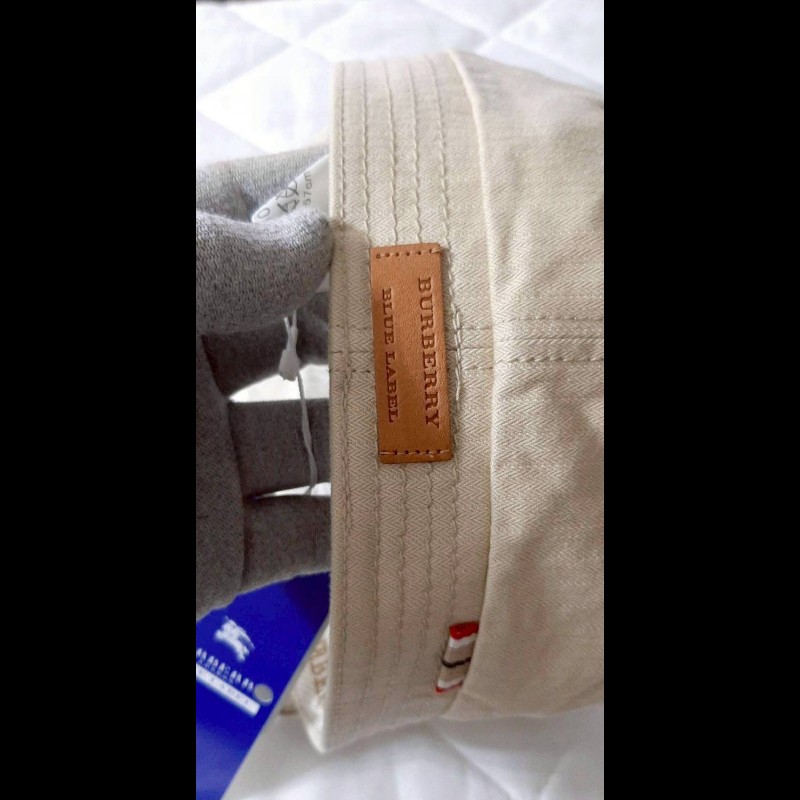 (日本製MIJ)絕版BURBERRY博柏利 BLUE LABEL 藍標 戰馬 皮革標 中性卡其色平頂軍帽ONE SIZE-2