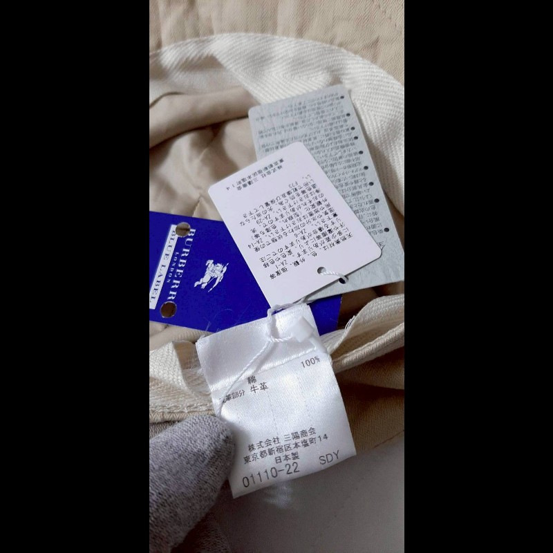 (日本製MIJ)絕版BURBERRY博柏利 BLUE LABEL 藍標 戰馬 皮革標 中性卡其色平頂軍帽ONE SIZE-5