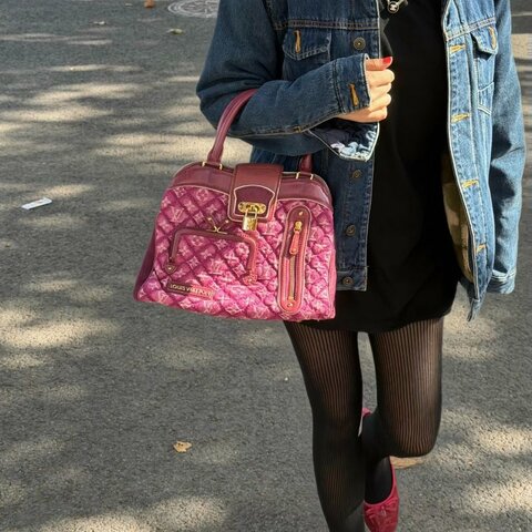Lv 玫粉色牛仔金鎖扣 拼皮手提包28*22cm 98新配件塵袋 鑰匙 鎖