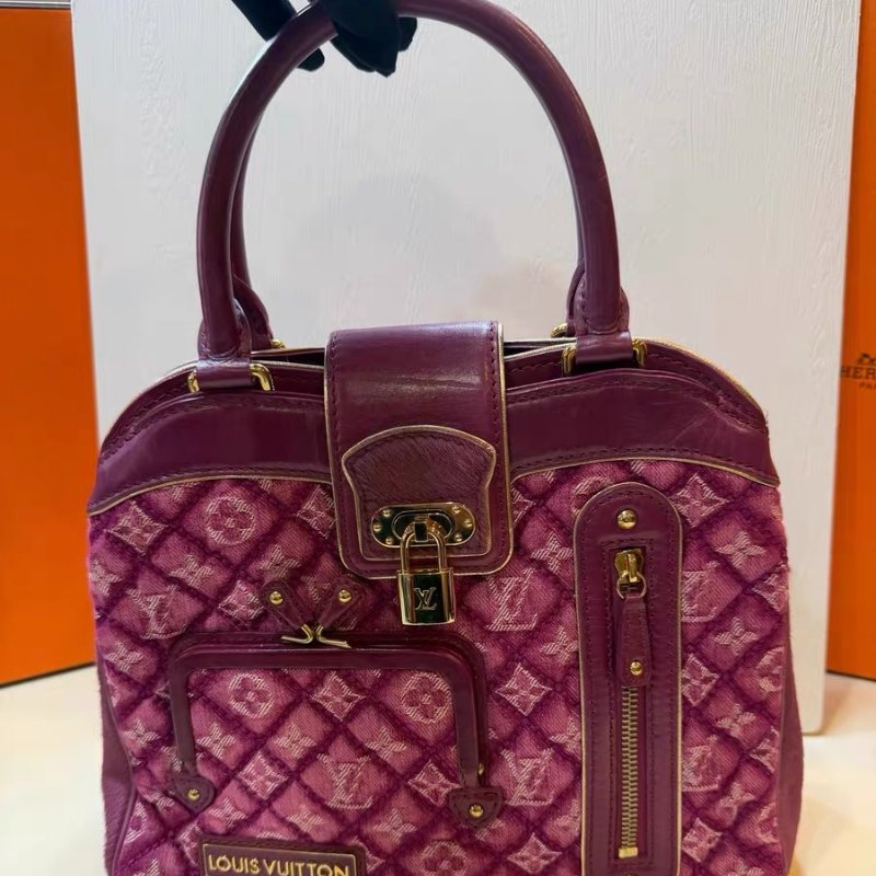 Lv 玫粉色牛仔金鎖扣 拼皮手提包28*22cm 98新配件塵袋 鑰匙 鎖-3