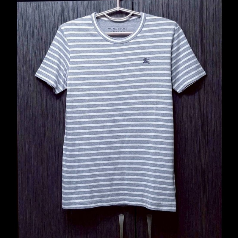 (日本製MIJ)絕版BURBERRY 博柏利 BLACK LABEL 黑標 戰馬 男灰白條紋短袖T恤3號-0