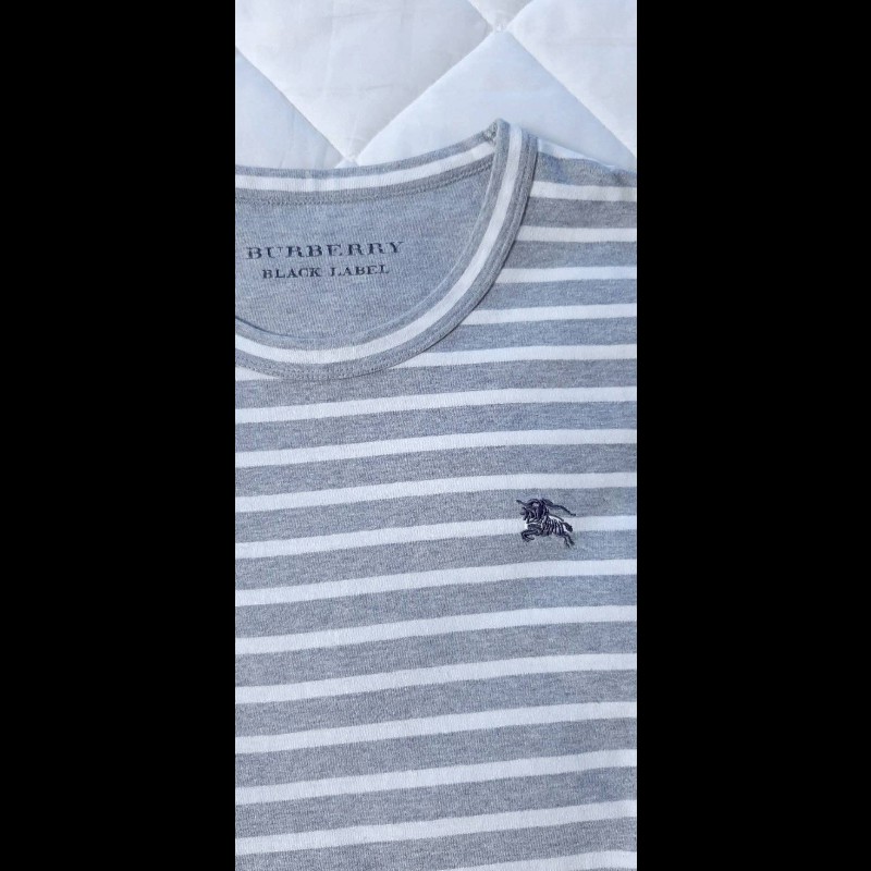 (日本製MIJ)絕版BURBERRY 博柏利 BLACK LABEL 黑標 戰馬 男灰白條紋短袖T恤3號-4