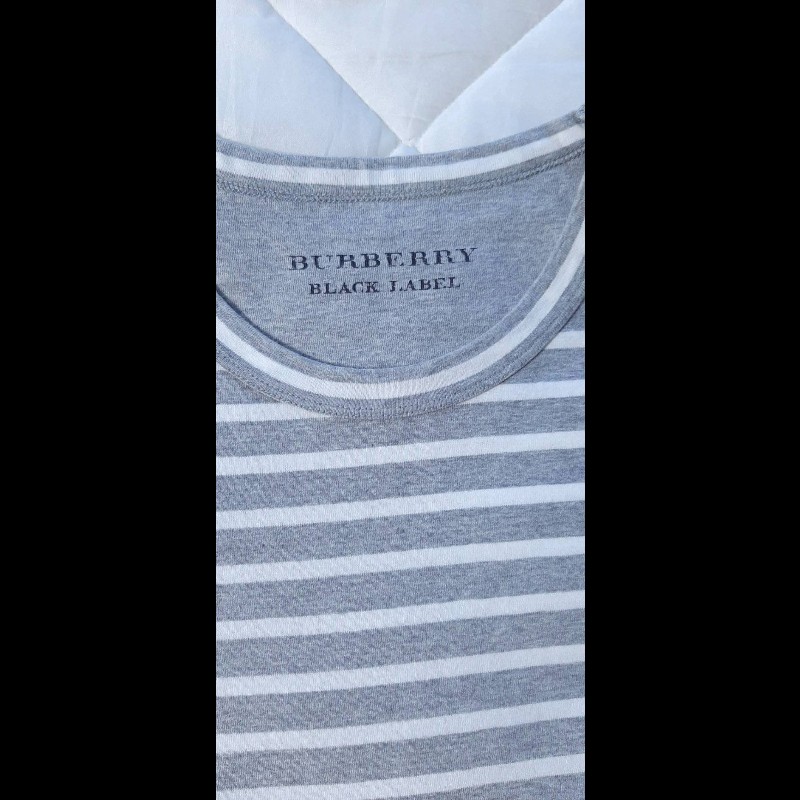 (日本製MIJ)絕版BURBERRY 博柏利 BLACK LABEL 黑標 戰馬 男灰白條紋短袖T恤3號-6