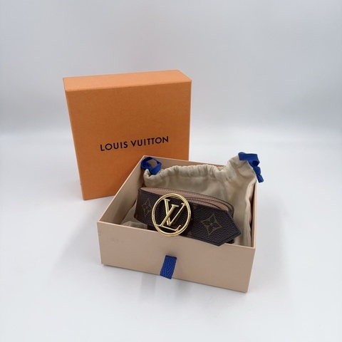 LV老花拚粉膚色金釦雙面皮帶M0143