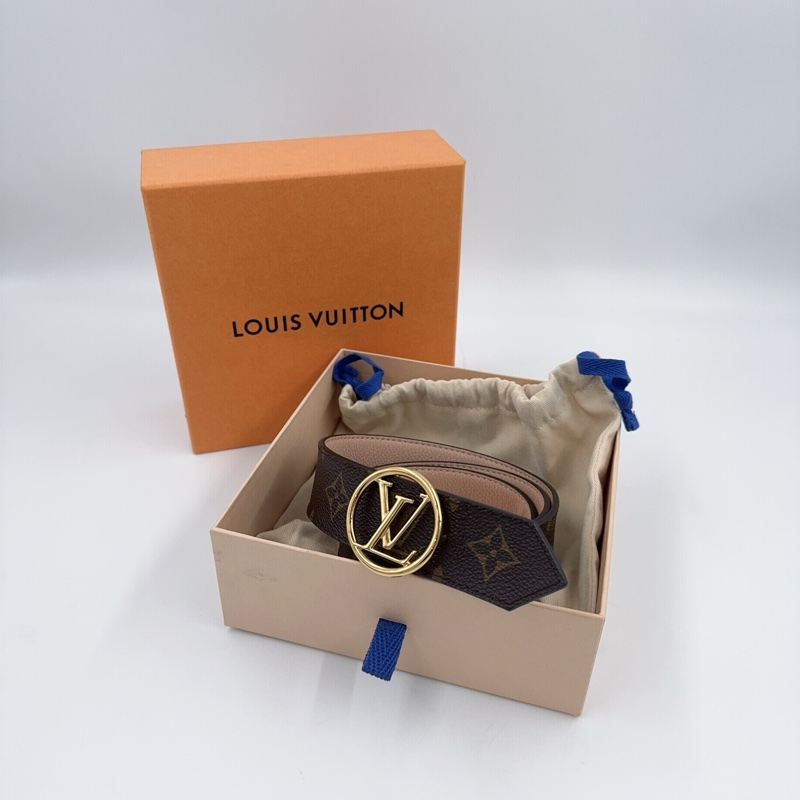 LV老花拚粉膚色金釦雙面皮帶M0143-1