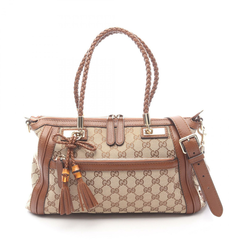 GUCCI Bella Bamboo GG帆布單肩托特包 282300 皮革 米棕色 二手-0