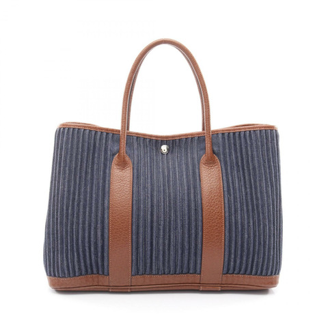 HERMES 花園派對小號手提包 Toile Denim Canel Buffle 皮革海軍藍二手 L