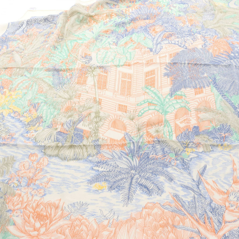 愛馬仕 Carre 140 Faubourg Tropical 絲巾,米色多色,真絲羊絨混紡,二手-3